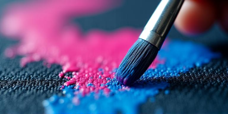 Dettaglio di un pennello che dipinge su tessuto scuro